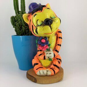 VINTAGE 1960s 🐯 CHALKWARE TIGER COIN BANK ORANGE GINGER KITTY CAT WITH FLOWERS